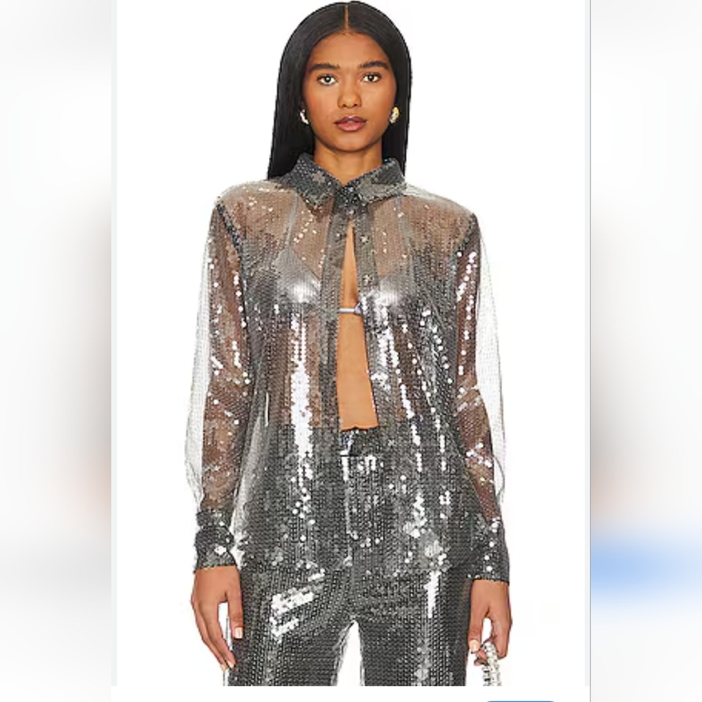 Silver Sequin Button Down Shirt